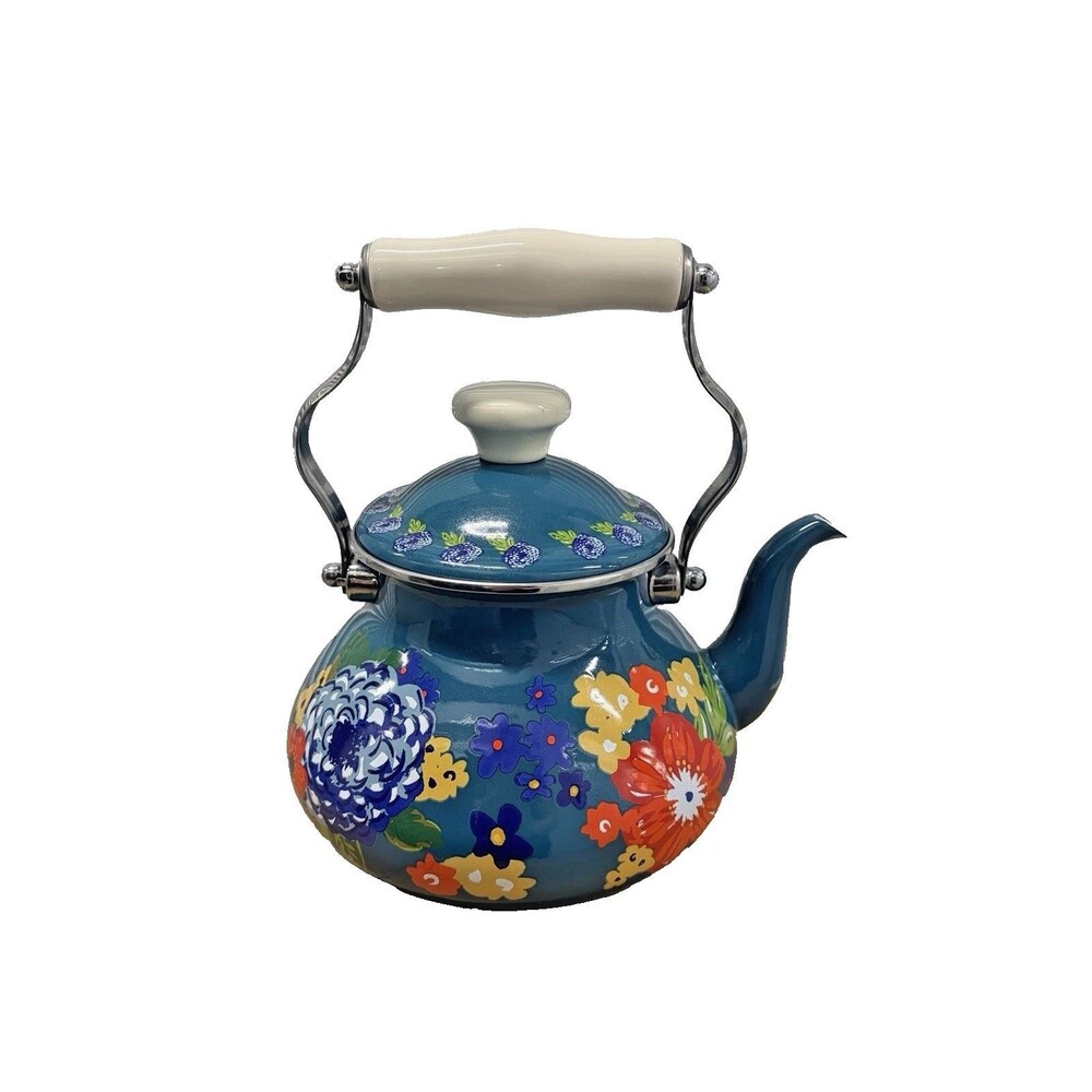 Pioneer Woman Dazzling Dahlia 2 Quart Tea Kettle Enamel on Steel Cottage Core